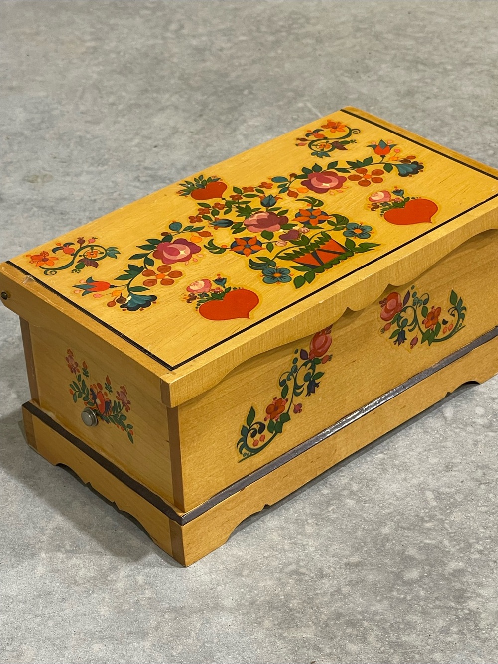 Trinket Jewelry Box- Thorens -Floral Wooden Treasure Made Switzerland*see desc.